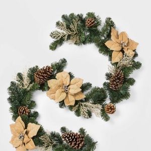 Burlap poinsettia and pine garland
